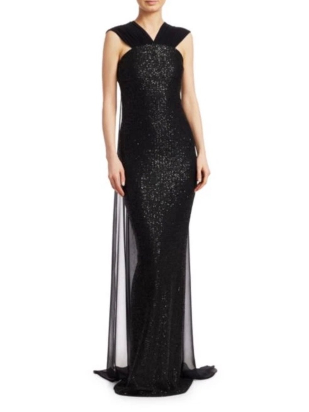 NWT $1995 St John Sequin Knit Silk Chiffon Train Gown Evening Sz 8 Black
